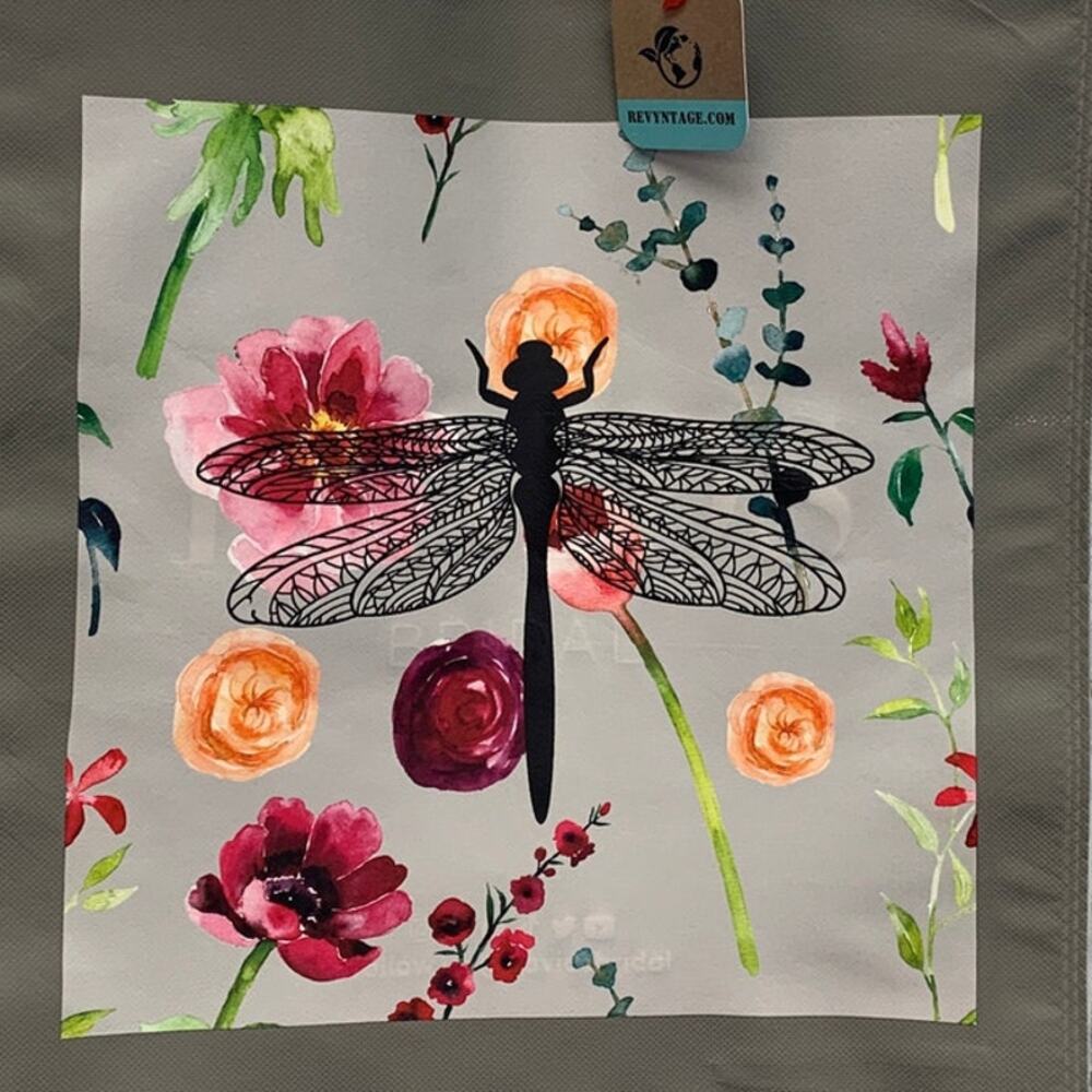New Upcycled Hand Printed Floral Dragonfly Hello Beautiful Shopper Tote Bag - Picture 2 of 4